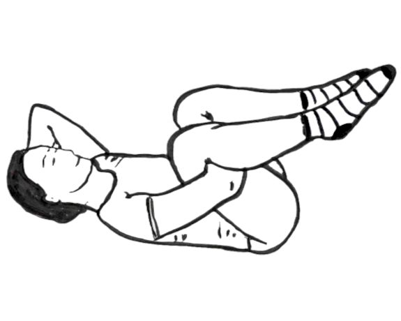 Feldenkrais-Illustration: Beine zur Brust, Unterarm unter dem Knie